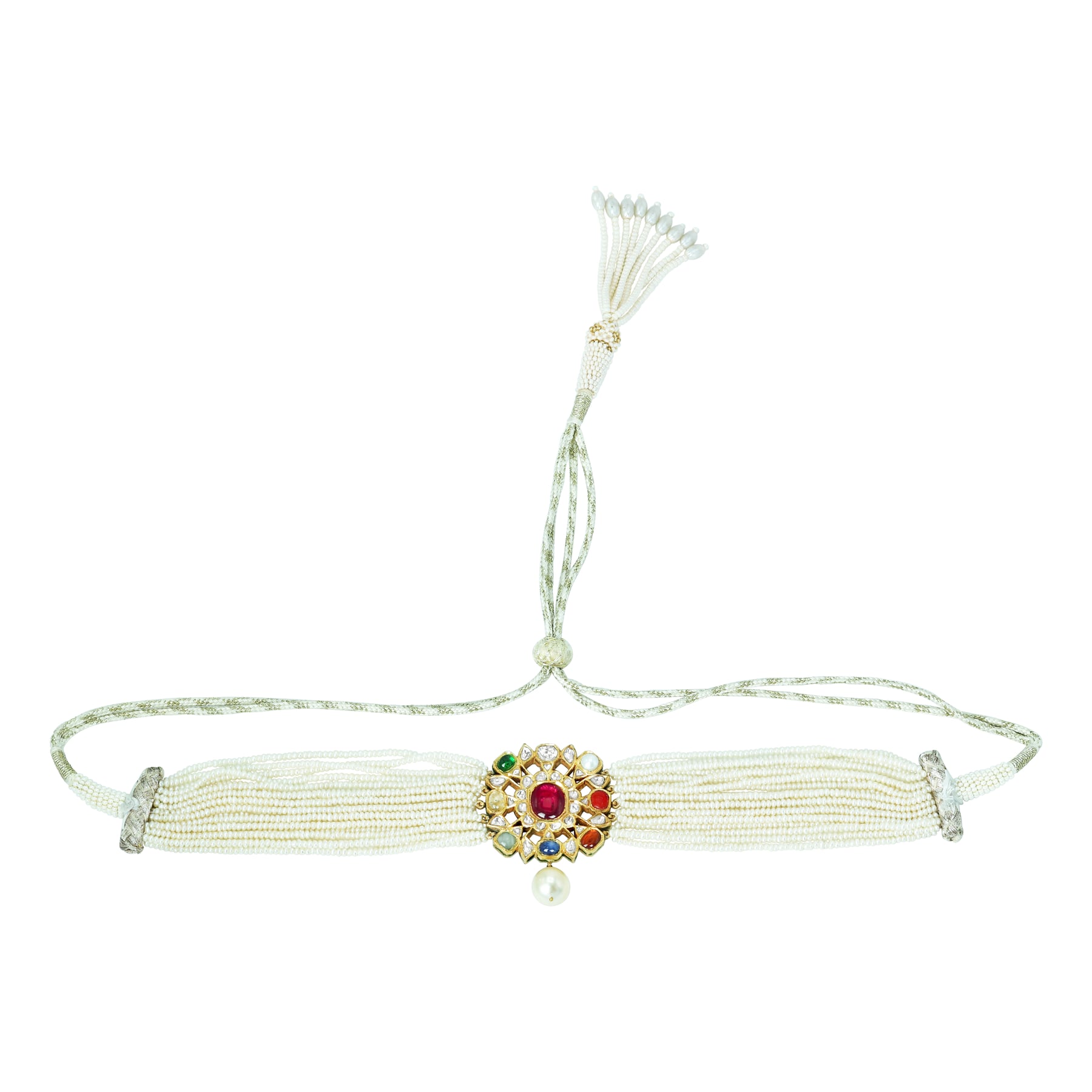 Multi-Strand Pearl Choker Set with Navaratna Motif and Drops